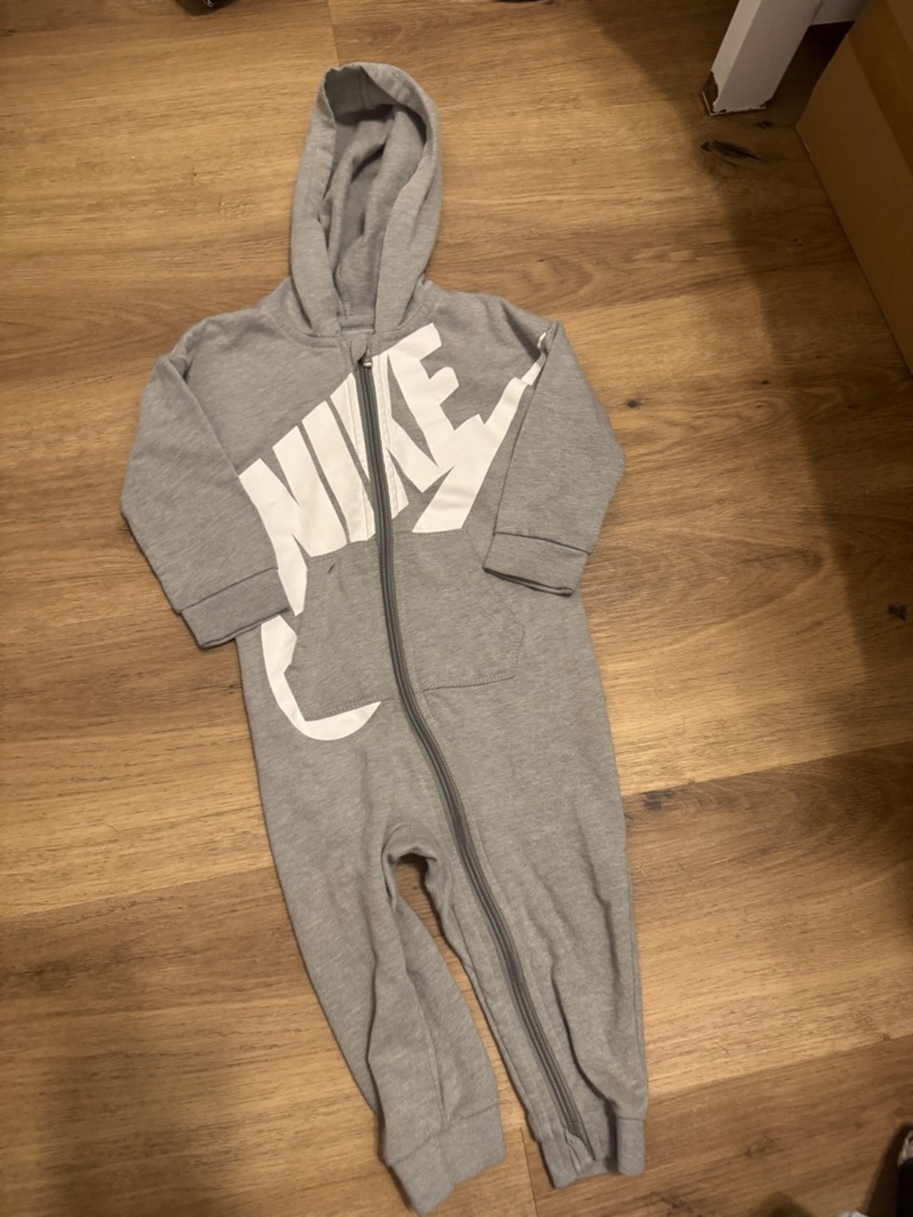 Nike Light Gray Hooded Baby One-Piece with White Logo